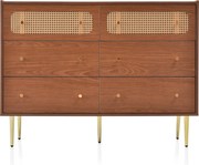 Comodă vintage cu 6 sertare și detalii din ratan, mânere din metal pentru dormitor și living, 120x40x90 cm, Culoare naturală