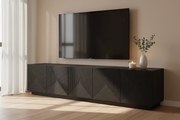 Comodă TV Asha 200 cm, cu 5 uși și fronturi riflate – negru mat