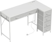 HOMCOM Birou de Colț Reversibil cu Prize și Porturi USB, 126x48 cm, Birou în Formă de L cu 6 Sertare din Material Textil, Cârlig Lateral, pentru Computer, Birou, Cameră, Alb | Aosom Romania