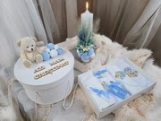 Set Botez Personalizat Trusou 8 piese in cutie rotunda + Lumanare - "Azi m-am crestinat" - Ursulet, Bleu - SPB-101