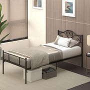 Structura Pat HOMCOM, 1 loc din Otel 900x200cm, Sipci Integrate, Tetiera si Tablie, Negru | AOSOM RO
