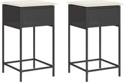 vidaXL Scaune de bar pentru grădină cu perne, 2 buc., negru, poliratan