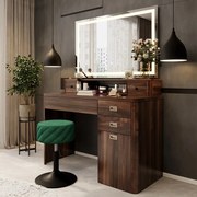 Masuta machiaj cu Oglinda LED si 5 Sertare pentru Cosmetice, Set Masa toaleta 115 cm, Maro, masuta cosmetica, vanity - SEM246