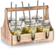 Cutie pentru borcane de băut + 6 x borcan cu pai, din lemn, ZELLER