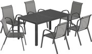 Outsunny Set Masă și Scaune de Grădină 7 Piese, Set Prânz Exterior cu Masă Dreptunghiulară, 6 Scaune Stivuibile din Textilenă, Set Mobilier de Grădină pentru Terasă, Balcon, Patio, Gri Deschis | Aosom Romania
