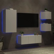 vidaXL Unități de perete TV cu LED-uri, 5 piese, alb, lemn prelucrat