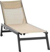 Outsunny Șezlong de soare din aluminiu și textilene cu roți și suport pentru cap, spătar reglabil, kaki | Aosom Romania