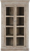 Vitrină sculptată manual din lemn masiv de mango, finisaj décapé alb, 2 uși vitrate, 3 rafturi, 120×44×210 cm, „Jaipur"