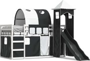 vidaXL Pat supraetajat cu tobogan și perdele, alb și negru, 90x190 cm