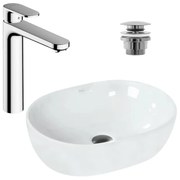 Pachet lavoar pe blat Rea Amelia alb 48 cm, baterie lavoar Hansgrohe Vernis Blend crom si ventil lavoar Click-Clack crom