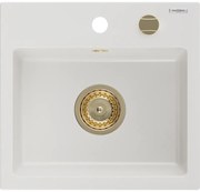 Mexen Milo chiuvetă din granit, cu 1 compartiment, 435 x 410 mm, alb, sifon auriu - 6505441000-20-G