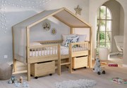 Pat Casă Înălțat Forrest Oak 90x200 cm, pentru Camera Copii, din Lemn de Stejar, Natur, cu Scară, Sertare și Set Textil – Vipack