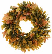 Coroană artificială de toamnă din eucalipt șifrunze de arțar, diametru 40 cm, portocaliu-verde