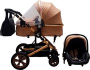 Carucior nou nascuti 3 in 1 Baby Care™ PRO 530, Cu geanta bebe, Cadru Aluminiu Gold, Amortizoare, Roti din cauciuc plin AVE, Landou, Scoica auto,