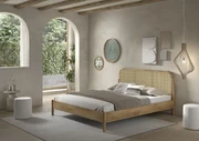 Pat pentru adolescenți OLIVE, 180 x 200 cm, cu tăblie rotunjită din rattan și finisaj lemn de stejar, design modern, fără somieră inclusă – Vipack