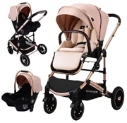 Carucior 3 in 1 reversibil si pliabil cu geanta inclusa si scoica auto, 0-36 luni, Crem - CPC-60-crem