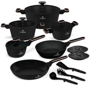 Set oale si tigai 15 piese Black Rose Berlinger Haus BH 8363, negre, înveliș antiaderent titan, compatibile inducție
