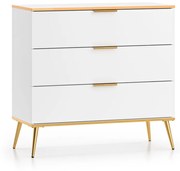 Comoda cu 3 sertare,  moderna lux ,pal alb alpin  auriu , picioare si manere auriu, 92 cm x 88 x 40 cm, spatioasa , pentru living, dormitor , spatiu