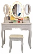 Set ILINCA, Masă de toaletă cu 3 oglinzi, iluminare LED, control touch, 7 sertare, scaun, Alb