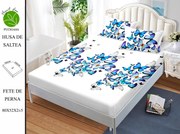 Husa de pat cu elastic 180x200 din Bumbac Finet + 2 Fete de Perna - Fluturi Albastri