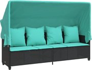 vidaXL Șezlong cu baldachin și perne, negru, poliratan