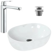 Pachet lavoar pe blat Rea Amelia alb 48 cm, baterie lavoar Grohe Eurosmart Cosmopolitan XL crom si ventil lavoar Click-Clack crom