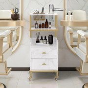 CMAU202 - Carucior 37 cm, cu Rafturi si Roti, masuta manichiura, ucenic cosmetica, masa coafor - Alb - Imitatie de marmura / Negru - Auriu