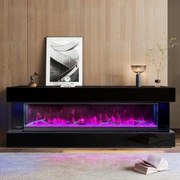 Șemineu Electric cu Flacără LED în 7 Culori, Comodă TV, Bluetooth, Difuzoare Integrate, Iluminare LED Ambientală, Telecomandă, MDF, Finisaj Negru Oglindă