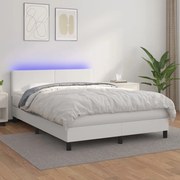 vidaXL Pat cu arcuri, cu saltea &amp; LED, alb, 140x190 cm, piele eco