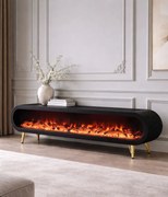 Șemineu electric cu efect LED realist, Comodă TV cu design oval, control vocal și telecomandă, fără încălzire, 180 cm, Negru