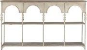 Consolă hol vintage din metal, crem, cu blat din lemn, 2 rafturi și arcade pe baluștri, 91 x [lățime] x 36,5 cm, „Arches”