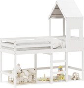 vidaXL Pat etajat cu scară și acoperiș, alb, 90x190 cm, lemn masiv pin
