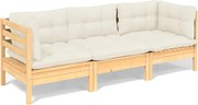 vidaXL Canapea de grădină cu 3 locuri, cu perne crem, lemn masiv pin