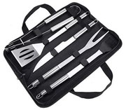 Set 5 ustensile gratar din inox HouseXL BBQ, Cu geanta transport inclusa, Cleste, Spatula, Furculita, Cutit si Perie gratar