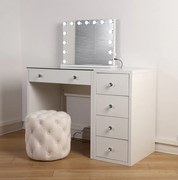 RESIGILAT- Set GLORIA, Masă de toaletă pentru machiaj, comodă, oglindă iluminată, becuri LED, taburet, Alb