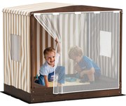 AIYAPLAY Sandkasten, Sandkiste cu acoperiș și ușă de plasă, bănci, protecție pentru podea, Maro | Aosom Romania