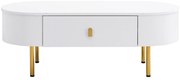Masă de cafea cu 2 sertare, colțuri rotunjite, mânere și picioare aurii, 108x50x40 cm, Alb