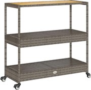 vidaXL Cărucior de bar, 3 niveluri, gri, poliratan, lemn masiv acacia