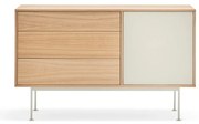 Comodă cu aspect de lemn de stejar Teulat Yoko, lățime 128 cm, alb-crem