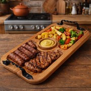 Tava din lemn cu manere din fier forjat, 2 compartimente si sosiera, 40x25 cm