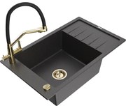 Mexen Elias chiuvetă de granit cu 1 compartiment cu scurgător și baterie de bucătărie Duo, negru pătat - 6511-76-671701-57-G