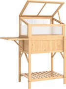 Outsunny Pat înălțat cu capotă pentru mini-seră din lemn jardinieră cu seră pliabilă masă laterală raft lemn natural | Aosom Romania