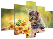 Tablou cu pisicuța uitându-se la floare (150x105 cm)