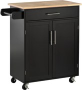 HOMCOM Cărucior de Bucătărie cu Sertar și Dulap cu 2 Uși, Insulă de Bucătărie cu roți și bară laterală, 83x45x91.5 cm, Negru | Aosom Romania