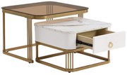 Set de Măsuțe de Cafea Suprapozabile din Marmură Lucioasă și Sticlă cu Detalii Aurii și Sertare, 60x60x42,5 cm + 50x50x34 cm, Alb