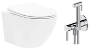 Pachet vas wc suspendat Rea Carlo Mini Basic, capac softclose si set dus igiena intima crom cu baterie incastrata Omnires Y