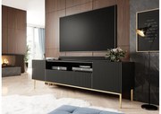 Comodă TV Nicole 200 cm cu nișă și sertare – negru mat / picioare aurii