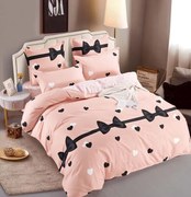 Lenjerie Din Bumbac Tip Finet 6 Piese Pentru Pat Dublu, Roz Cu Fundite