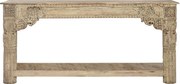 Consolă hol sculptată manual, din lemn masiv de tec, natur, cu raft jos, console cu volute și șir de perle, 85 x 182 x 46 cm, „Parthenon”