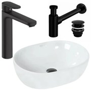 Pachet lavoar pe blat Rea Amelia alb 48 cm, baterie lavoar Hansgrohe Vernis Blend negru si ventil lavoar Click-Clack negru